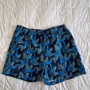 burnside Navy and Blue Tropical Print Swim Trunks